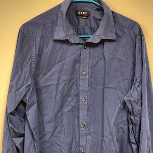 DKNY Shirt Men Large Navy Blue Button Down Solid Slim Fit Full Sleeve